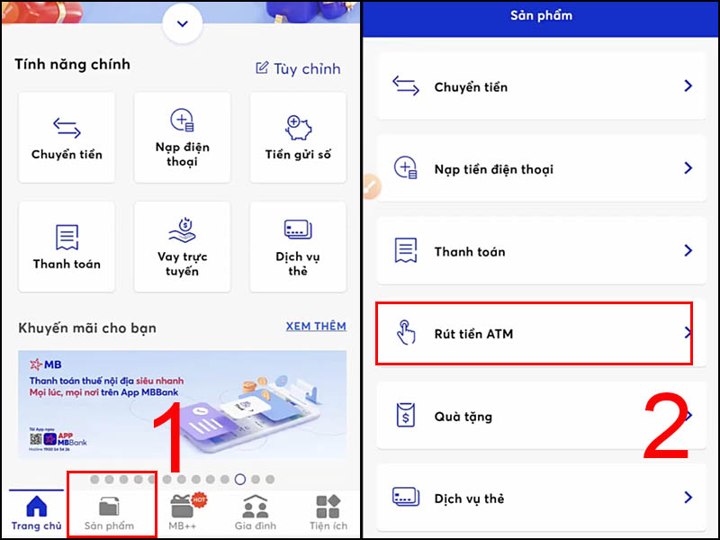 Chọn Sản phẩm v&agrave; chọn R&uacute;t tiền ATM
